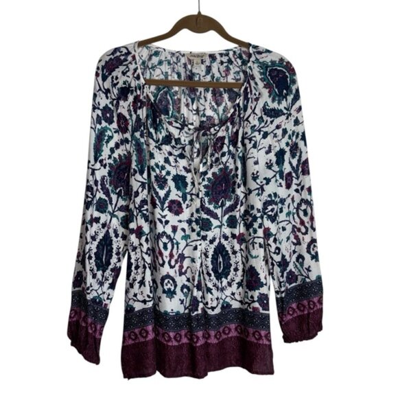 Lucky Brand Women's Large Floral Blouse Tunic Top Peasant Boho Long Sleeve Tie - Picture 1 of 10